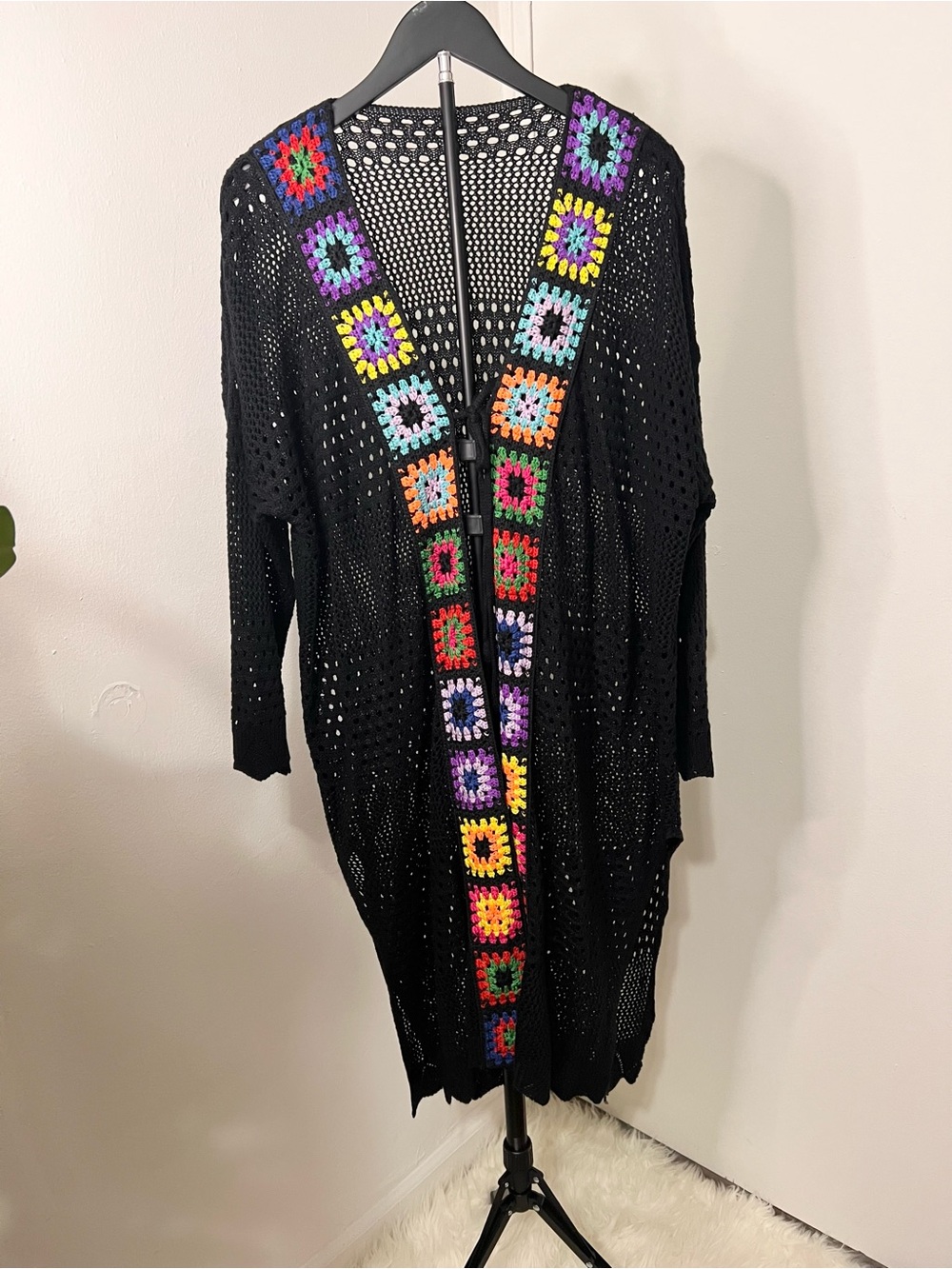 Black Crochet Long Cardigan with Multicolor Squares - Picture 2 of 5